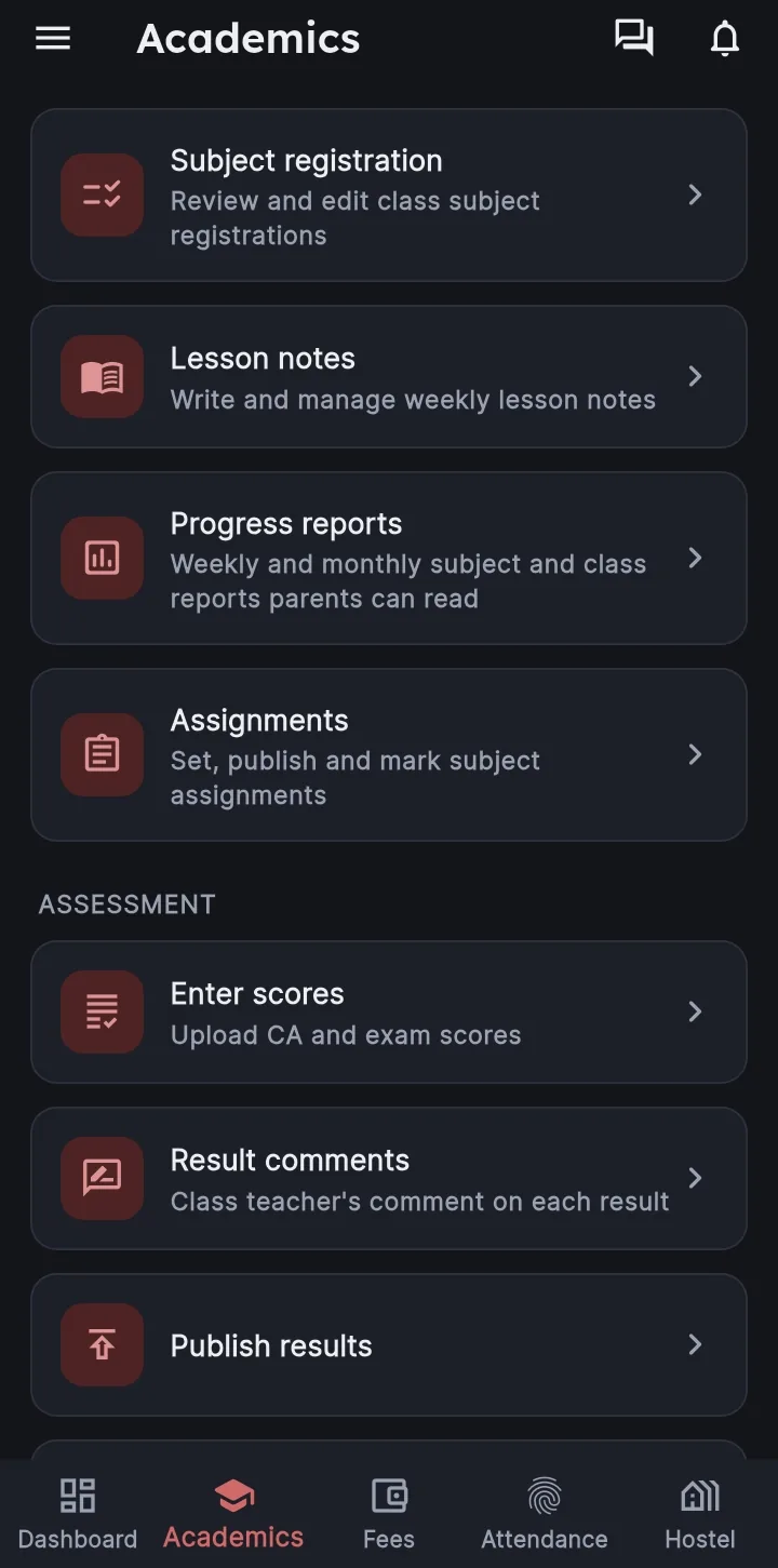 Academics section of the EduJet app: subject registration, lesson notes, progress reports, assignments