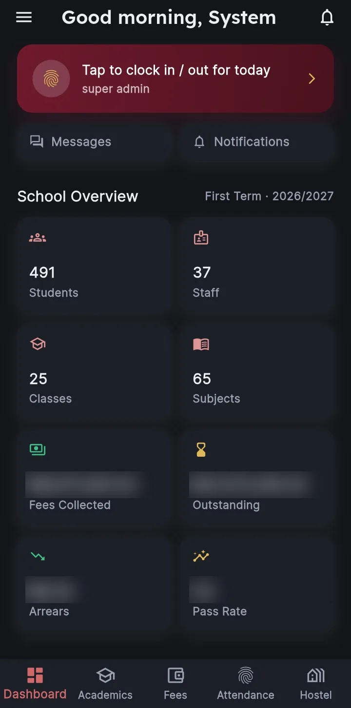 EduJet Android app home screen with staff clock-in and school overview