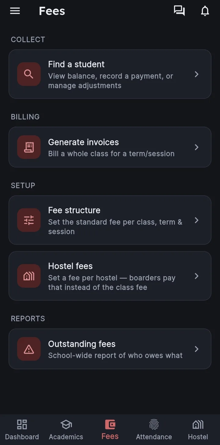 Fees section of the EduJet Android app: find a student, generate invoices, fee structure, hostel fees, outstanding fees