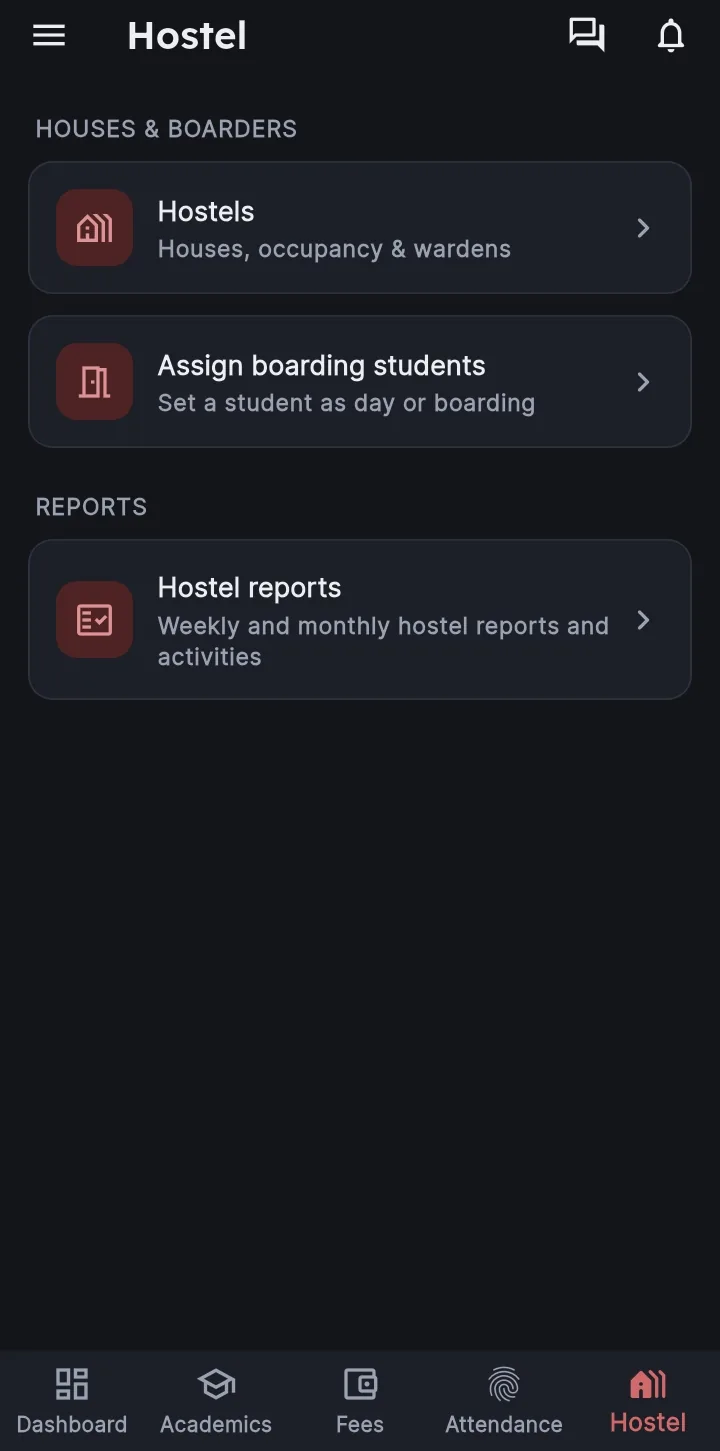 Hostel section of the EduJet Android app: hostels, assign boarding students, hostel reports