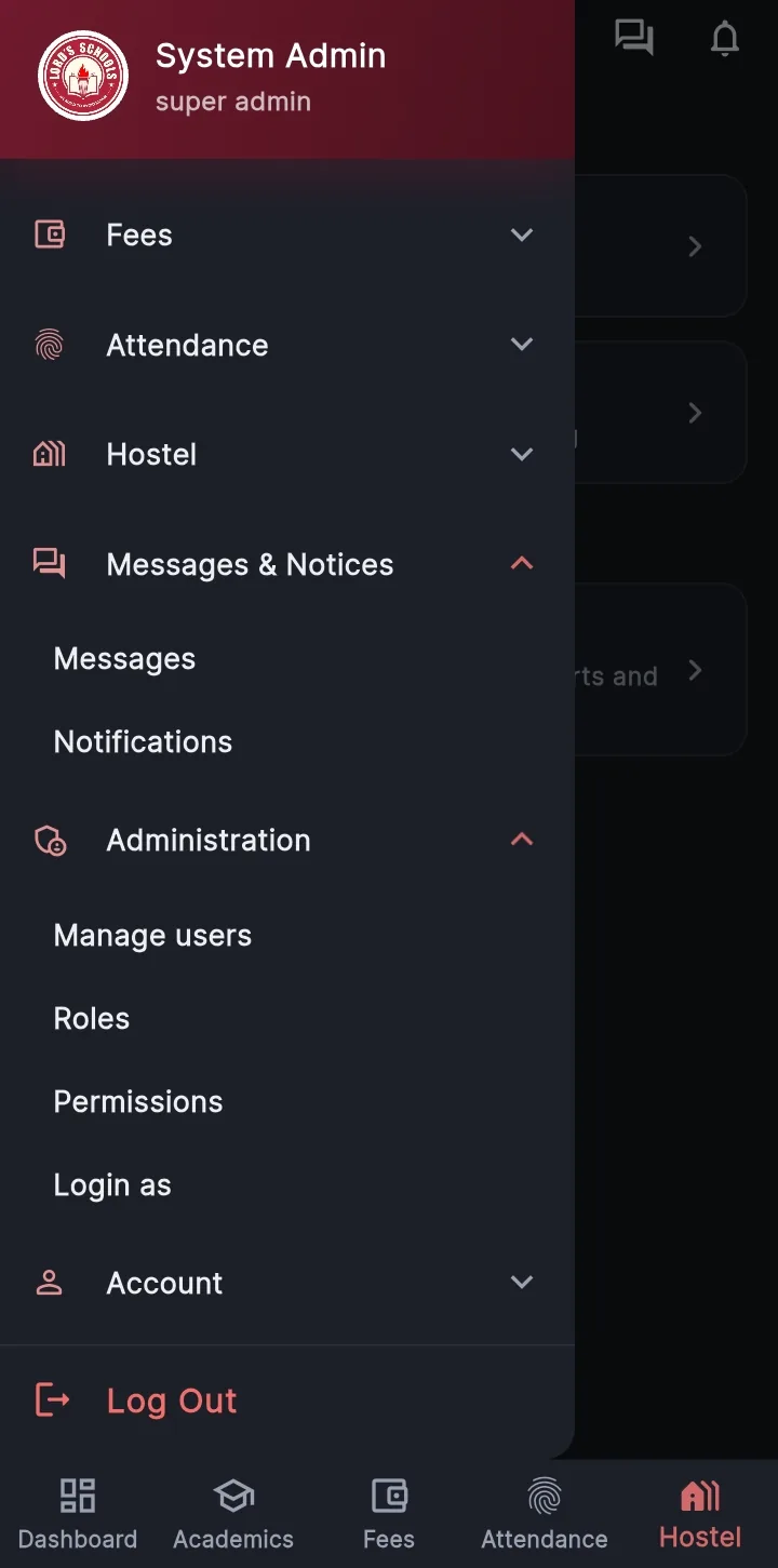 EduJet app menu with Messages and Notifications under Messages & Notices
