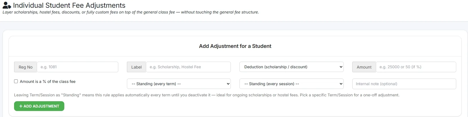 Individual student fee adjustments page with scholarship, discount and hostel fee options