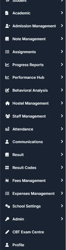 Admin sidebar listing every EduJet module